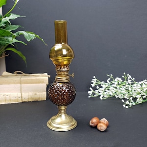 Amber Hobnail Glass oil lamp - Small vintage oil lamp 10 1/4&quot;