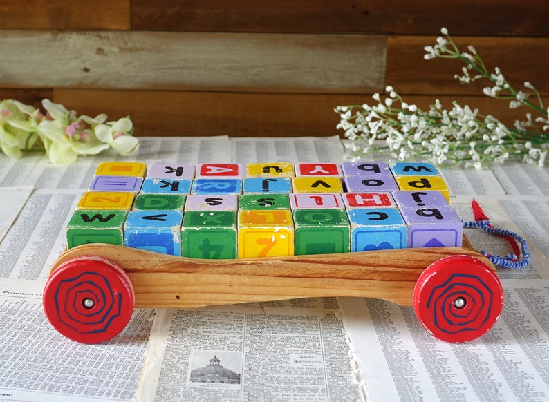 Vintage Wooden Alphabet Blocks With Cart Wagon Cart With Pull Etsy