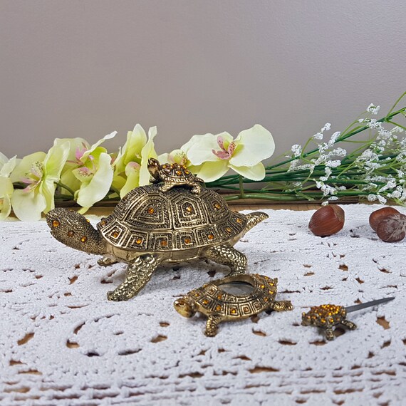 Brass Turtles Set Magnifying Glass Letter Opener Trinket Box Three Piece Set Vintage Ornate Turtles Etsy Canada