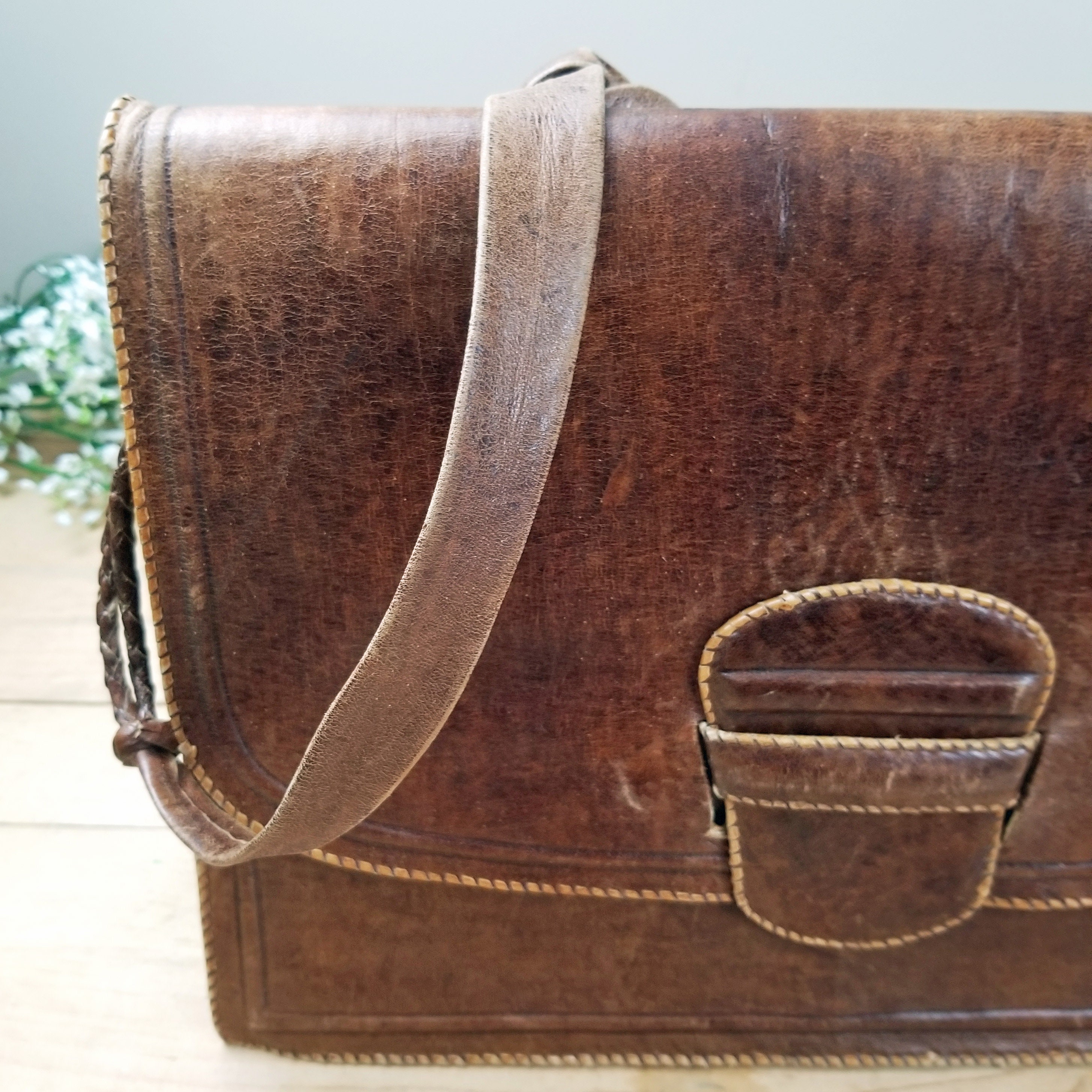 Vintage Brown Leather Briefcase Organizer Bag Original Senegal Etsy
