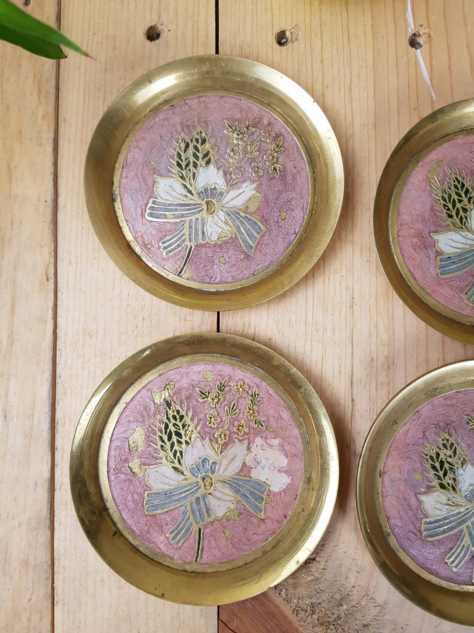 Brass Coasters With Floral Enamel Design Vintage Set of 4 Etsy