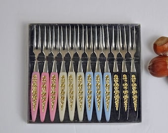 Ivory Colored Handles with Gold Etching Vintage Hors d/'oeuvre Forks Mid-Century Modern Retro Dinner Party Set of 8 Original Box