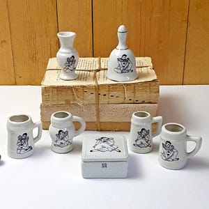 1980s Pierrot Harlequin figurines Set of 7 pieces Bell Trinket box Flower vase 4 Mugs White porcelain