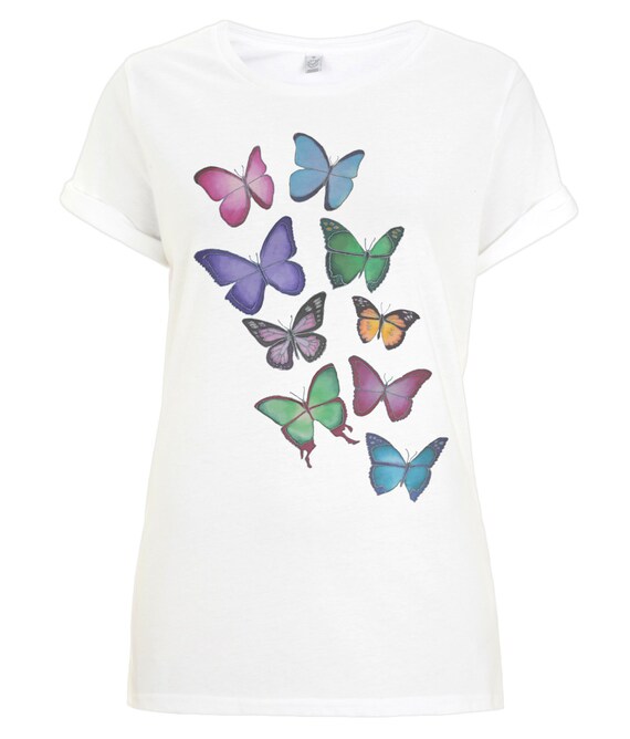 Items similar to T-Shirt Tunic Rolled Sleeves with Printed Butterflies ...