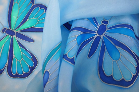 Hand painted Accessories Scarves & Wraps Scarves blue turquoise silk butterflies scarf 