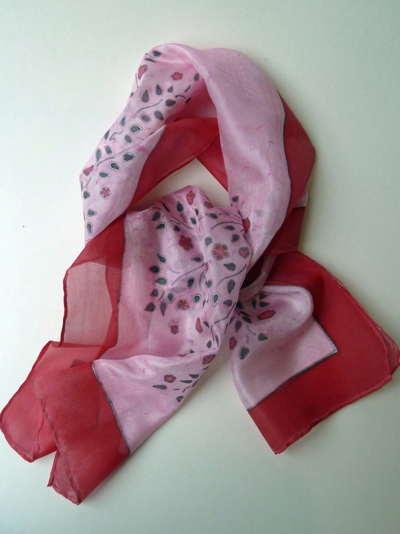 Red and black, hand painted, silk scarf. image 2