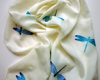 Hand painted, large, blue dragonflies and vanilla silk scarf