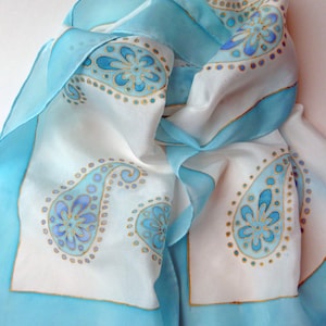 Hand painted, silk scarf, baby blue and vanilla paisley design