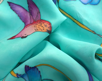 Emerald Silk Scarf Hand Painted Hummingbirds