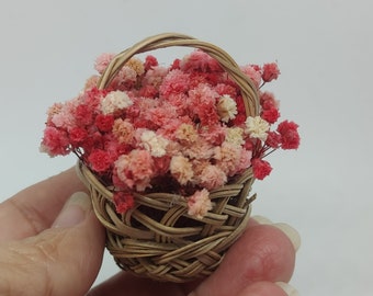 Basket with flowers, scale 1/12. Dollhouse miniature.