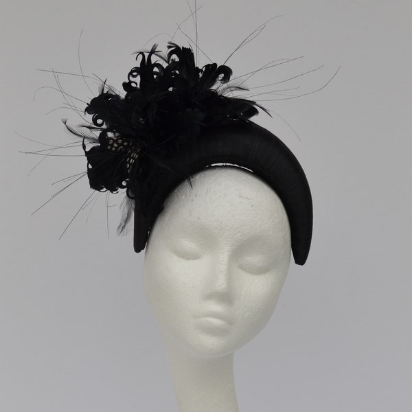 Black feather halo headband. Black fascinator. Wedding hat. Cheltenham races hat. Ascot hat. Halo crown. Mother of bride or groom hat.