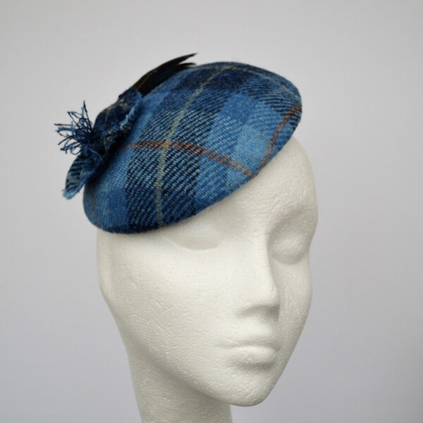 Blue Harris Tweed hat. Blue occasion hat. Winter occasion hat. Cheltenham races hat. Blue wedding hat.