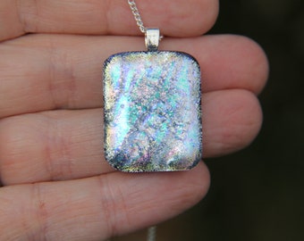 Silver and green textured dichroic glass pendant, dichroic glass necklace, fused glass, fused glass pendant, dichroic texture