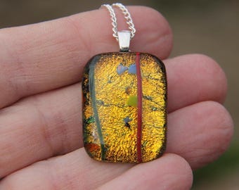 Orange Gold Dichroic Glass Pendant Necklace: Rainbow Mardi Gras Fused Glass