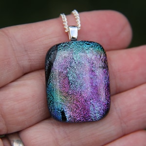 Rainbow dichroic glass pendant, dichroic glass necklace, fused glass,  fused glass pendant, dichroic necklace, rainbow dichroic, pink, blue