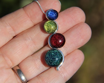 Dichroic Fused Glass Snake Pendant Necklace: Rainbow Cabochons