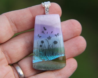 Twilight Butterfly meadow landscape dichroic pendant , dichroic glass necklace,  fused glass necklace, fused glass pendant, rainbow dichroic