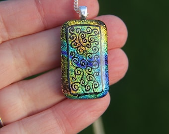 Dichroic Glass Pendant: Gold, Orange, and Blue Swirl, Fused Glass Necklace