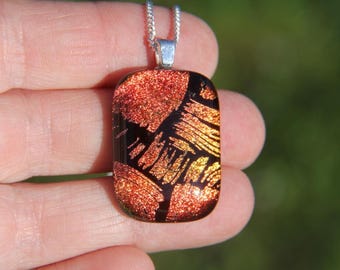 Handmade Dichroic Glass Pendant, Red Orange Brush stroke fused glass necklace