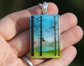 Dichroic Glass Necklace: Fused Glass Landscape Pendant with Birds