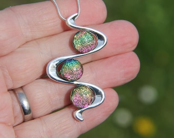 Dichroic gold, pink and blue snake pendant, fused glass necklace
