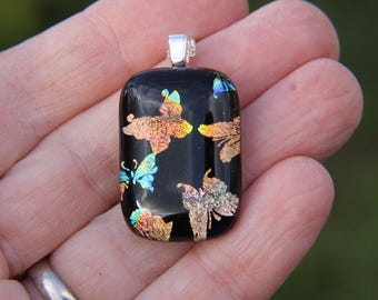 Butterfly Dichroic Glass Pendant: Rainbow Fused Necklace