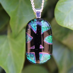Green pink dichroic glass pendant, dichroic glass necklace, green dichroic necklace, handmade pendant, green and black, green pendant