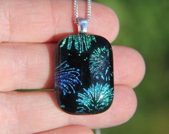 Dichroic Glass Firework Blue Green Pendant: Handmade Fused Glass Necklace
