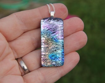 Long Dichroic Fused Glass Pendant: Pink Gold Blue Necklace
