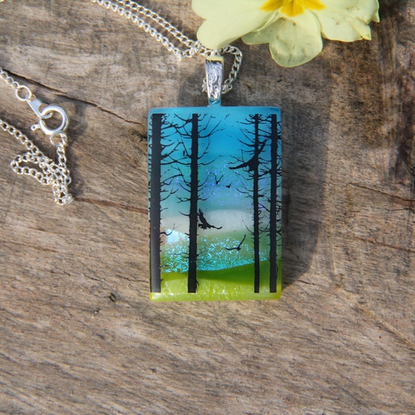 Swooping birds landscape dichroic pendant, dichroic glass necklace,  fused glass necklace, fused glass pendant, rainbow, dichroic, trees