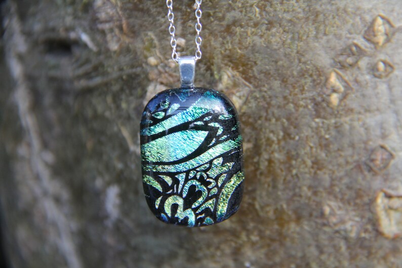 dichroic glass necklace dichroic necklace fused glass pendant Green and gold heart dichroic glass pendant fused glass green dichroic,