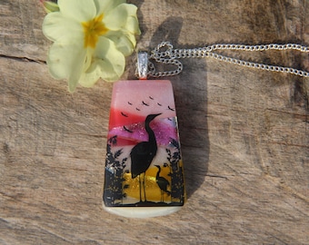 Heron landscape dichroic pendant, dichroic glass necklace,  fused glass necklace, fused glass pendant, multi-coloured, heron, bird pendant