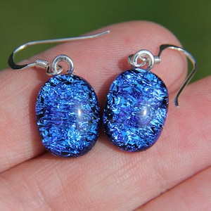 Mid blue crinkle dichroic drop earrings, sterling silver, fused glass earrings, blue dichroic, dangly earrings, blue dichroic, earrings,