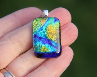 Gold Indigo Dichroic Glass Pendant Necklace: Fused Glass Jewelry