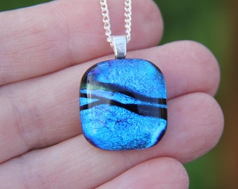 Blue Mardi Gras Dichroic Glass Pendant Necklace