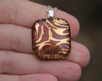 Red gold rose dichroic glass pendant, fused glass necklace, gold fused glass pendant, glass, rose necklace, flower pendant, rose pendant,