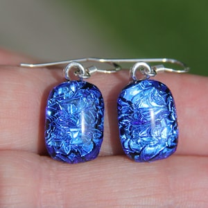 Sapphire Blue crinkle dichroic drop earrings, sterling silver, fused glass earrings, blue dichroic, dangly earrings, blue dichroic, earrings