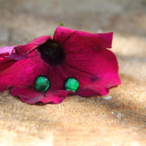 Small emerald green dichroic stud earrings, sterling silver, fused glass earrings, green dichroic,  stud earrings, green glass, earrings