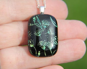 Dichroic Glass Pendant: Green Gold Seed Head Design, Silver Plated Chain