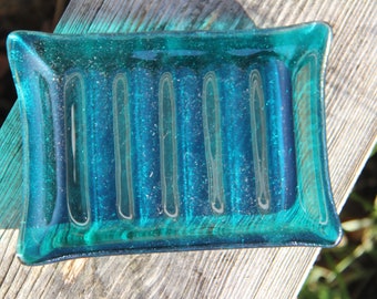Teal glass soap dish, ribbed soap dish, large soap dish, blue glass, green glass, fused glass, irid glass, glass soap dish, green