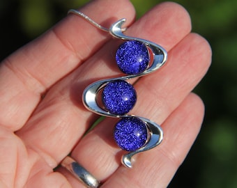 Cobalt Blue Dichroic Glass Snake Pendant: Handmade Silver Plated Necklace
