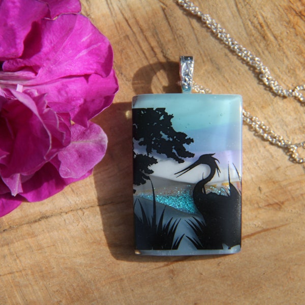 Crane lakeside dichroic pendant, dichroic glass necklace, fused glass necklace, fused glass pendant, bird dichroic, landscape pendant, bird