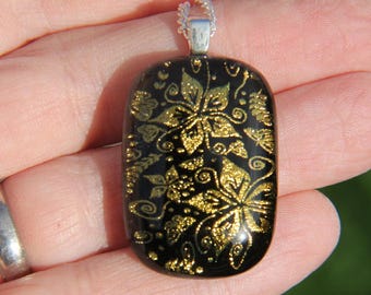 Gold Flower Dichroic Glass Pendant Necklace: Fused Glass Jewelry