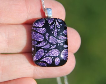 Purple splash dichroic glass pendant,  fused glass necklace
