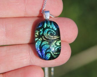 Small blue green gold plume dichroic glass pendant,  fused glass necklace