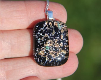 Copper Blue Dichroic Glass Splatter Pendant, Fused Glass Necklace