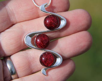 Ruby Red Dichroic Glass Snake Pendant: Handmade Silver Plated Necklace