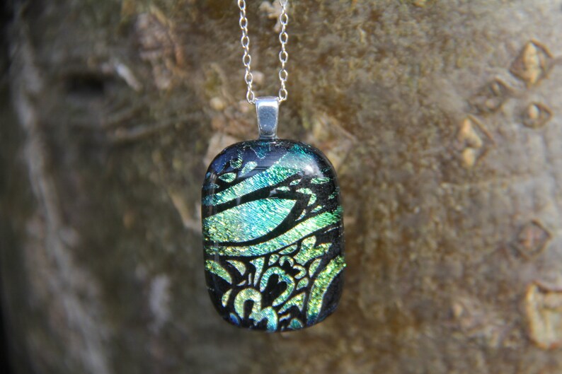 dichroic glass necklace dichroic necklace fused glass pendant Green and gold heart dichroic glass pendant fused glass green dichroic,