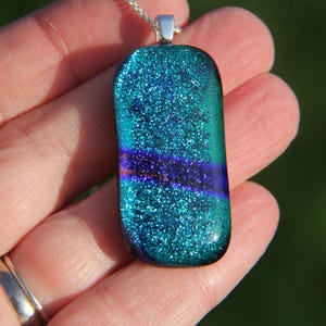 Long green blue dichroic glass pendant, dichroic glass necklace, green confetti dichroic necklace,  green glass pendant, fused glass