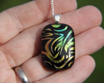 Dichroic Glass Pendant Necklace: Gold, Orange, and Green Flame Pattern Fused Glass